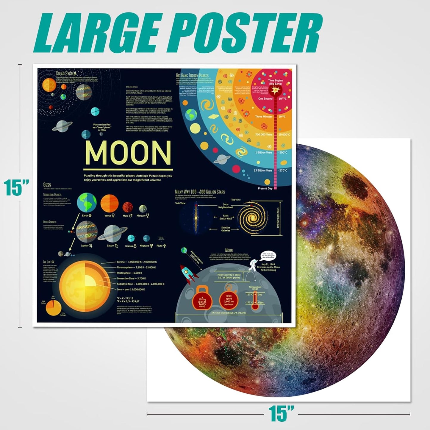 1000-piece puzzle for adults, featuring a high-resolution space moon design, round shape, matte finish, and dust-free technology.